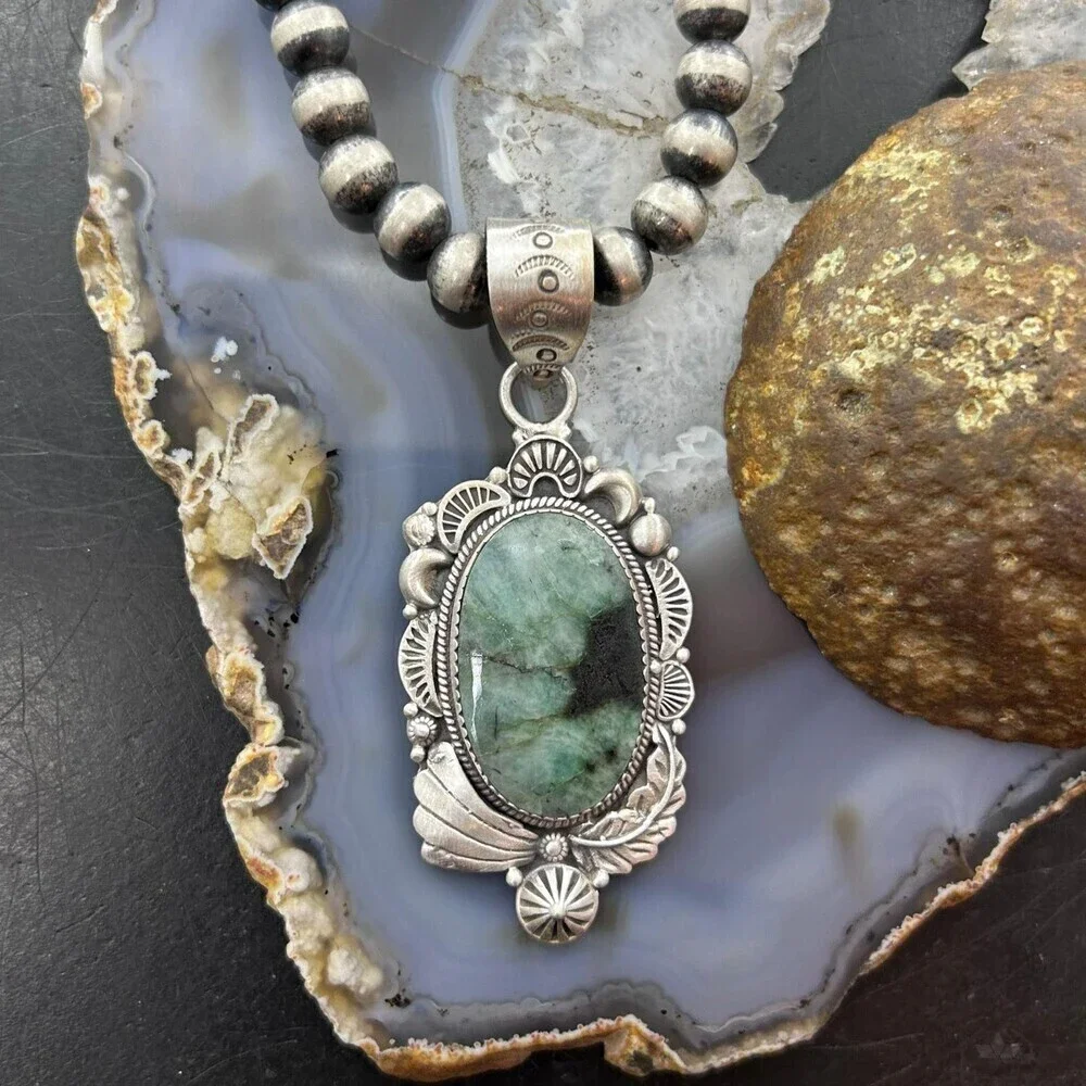 Sterling Silver Southwestern Style Oval Emerald Decorated Pendant For Women #1 - Picture 2 of 10